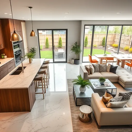 Modern kitchen remodel in South St. Paul MN with marble counters, custom cabinetry, and bright living space with greenery.