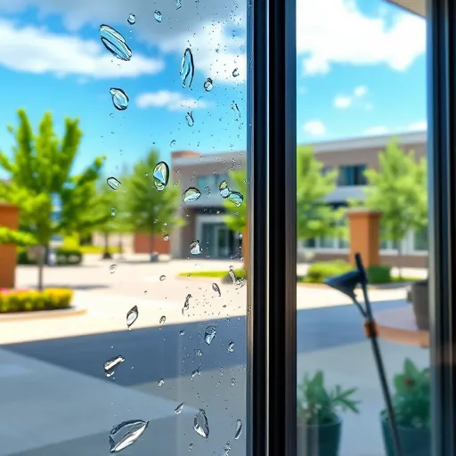 Pristine window reflecting blue sky and greenery in Gladstone MN with water droplets and cleaning tools visible