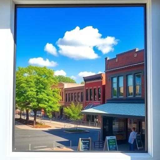 Freshly cleaned window reflecting a clear blue sky and fluffy clouds with a view of Stillwater's charming downtown.