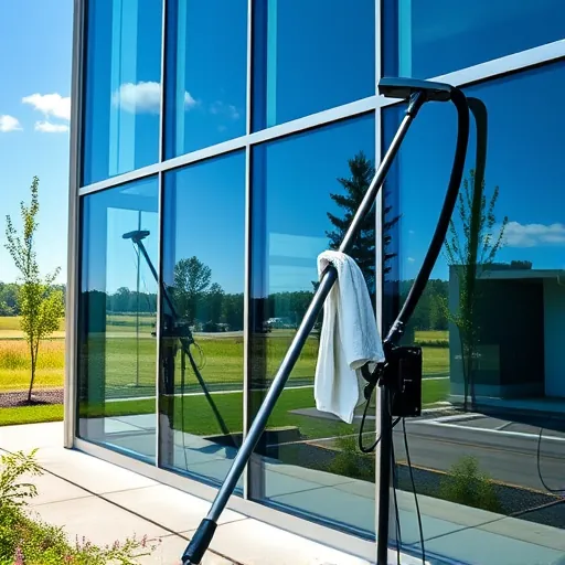 Sparkling Afton MN commercial building with clean glass windows, professional tools, lush greenery, and rural scenery