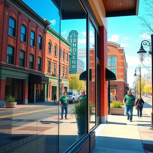 Pristine cleaned commercial window reflecting downtown Hastings streets, brick buildings, greenery, and cityscape under clear blue sky