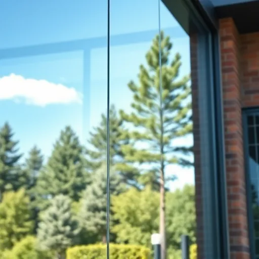 Pristine clean modern commercial building window reflecting trees and sky with sleek architecture and lush outdoor setting