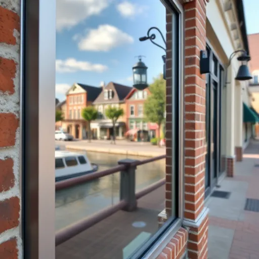 Spotless commercial window on a modern building in Stillwater, MN, reflecting river and downtown architecture.