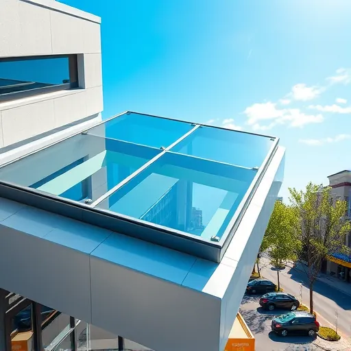 Shiny skylight on modern commercial building in Stillwater MN reflecting blue sky and surrounding greenery with a clean facade
