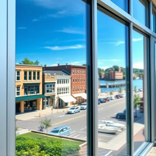 Freshly cleaned window on a modern building in Stillwater MN reflects blue sky and historic downtown charm.