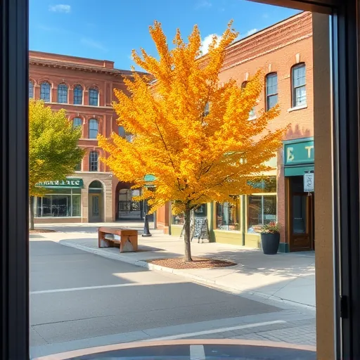 Freshly cleaned window in Stillwater MN reflecting autumn trees and historic buildings in a charming urban scene.