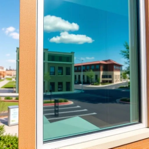 Pristine commercial building window in Burnsville MN reflecting blue sky, modern architecture, greenery, and urban setting