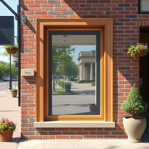 Seamless new window screen in a wooden frame on a historic brick building in Stillwater Minnesota with lush greenery.