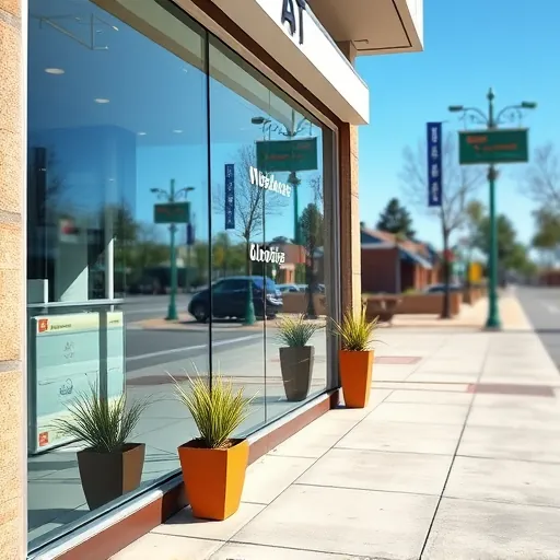 Pristine storefront window in South Hill MN reflecting blue sky, surrounded by clean sidewalk and decorative plants.