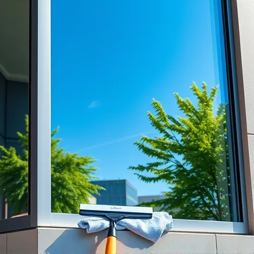 Pristine window cleaning scene in Newport MN with a spotless glass window reflecting blue sky and greenery.