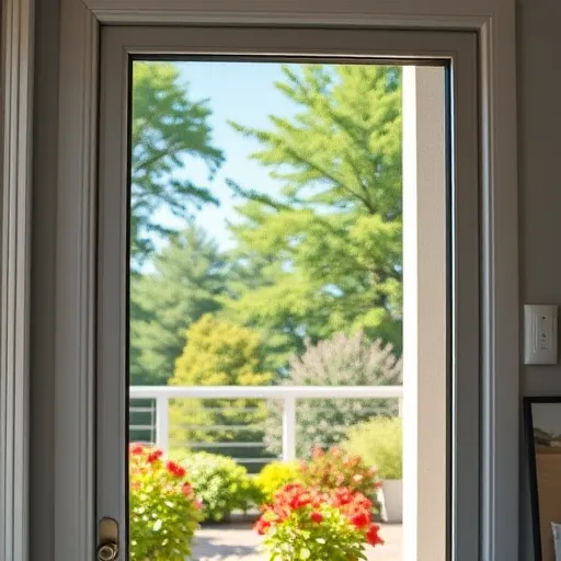 Close-up of a freshly replaced window screen with fine mesh in a modern home overlooking lush trees and vibrant flowers.