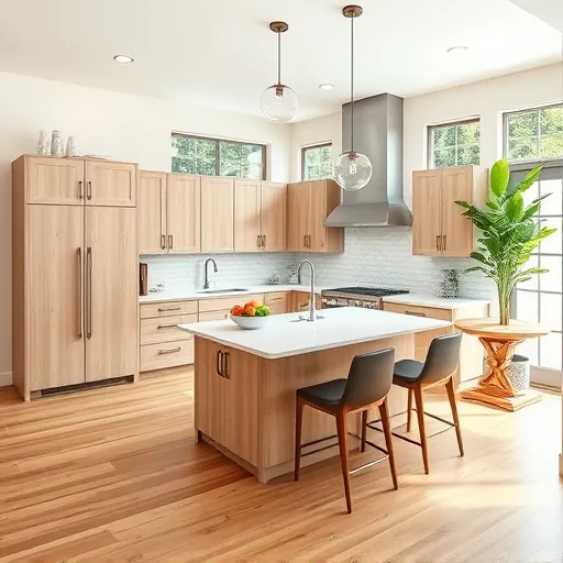 Beautifully renovated kitchen in Lake Elmo MN with light oak cabinetry, quartz countertops, and modern lighting fixtures.