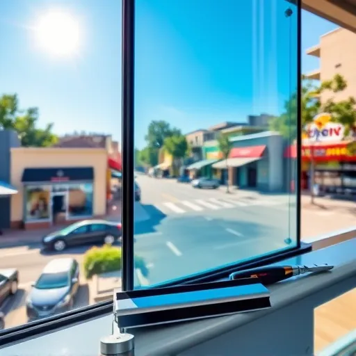 Sparkling window with cityscape reflection and cleaning tools on a scaffold, emphasizing cleanliness and professionalism.
