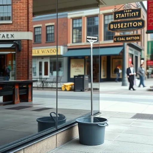 Clean storefront window in Stillwater Minnesota reflecting historic brick buildings and quaint streets with professional cleaning tools nearby