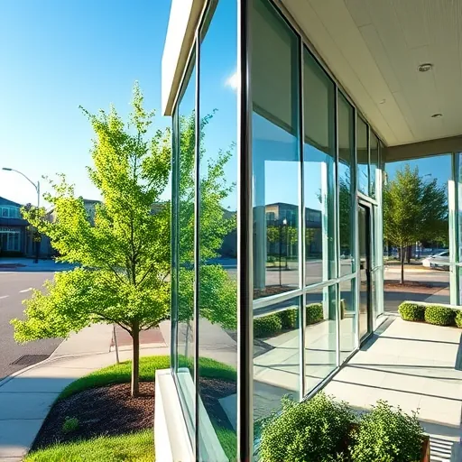Clean, sparkling commercial building windows in Stonemill Farms Minnesota with reflections and lush surroundings