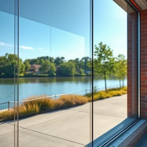 Pristine clean modern commercial window in Stillwater Minnesota showing a clear view of lush trees and calm river under sunny sky