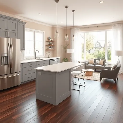 Modern kitchen remodel in Downtown Stillwater, MN with sleek appliances, gray cabinetry, and polished quartz island.