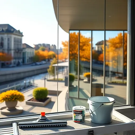 Pristine clean commercial window in Stillwater MN reflecting historic architecture, greenery, and autumn scenery with cleaning tools nearby