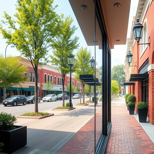 Pristine clean commercial building window in Stillwater Minnesota with clear reflections of historic downtown, lush green trees and charming storefronts