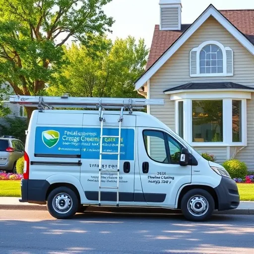 Professional window cleaning service vehicle with ladder parked outside a charming cottage in a leafy suburban neighborhood in Cottage Grove MN