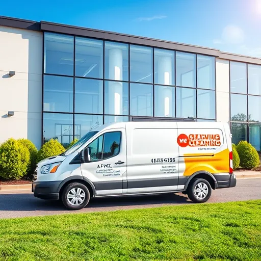 Professional window cleaning service vehicle parked by a modern building in Burnsville MN with gleaming glass windows.