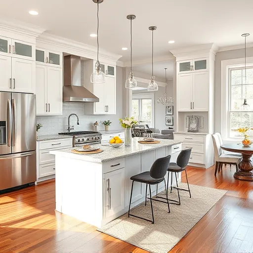 Beautifully remodeled kitchen in East Cottage Grove MN with custom white cabinetry, stainless steel appliances, and granite countertops.