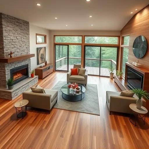 Modern cozy living space in Riverfront Area MN with wooden flooring, stylish furniture, and sleek kitchen appliances.