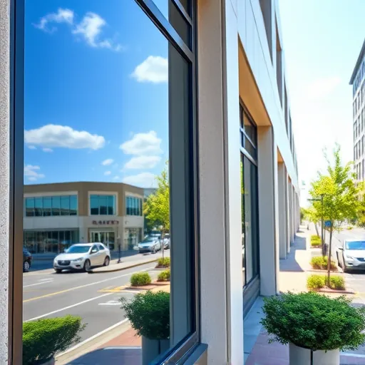 Spotless modern commercial window reflecting blue sky with clean building and vibrant streetscape in Gladstone MN
