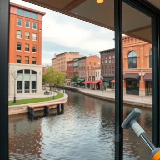 Pristine window on a commercial building in Stillwater MN reflecting the river and architecture emphasizing cleanliness.
