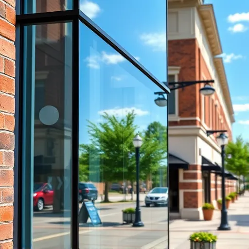 Pristine clean window on a modern building in Stillwater Minnesota reflecting blue sky and historic brick architecture