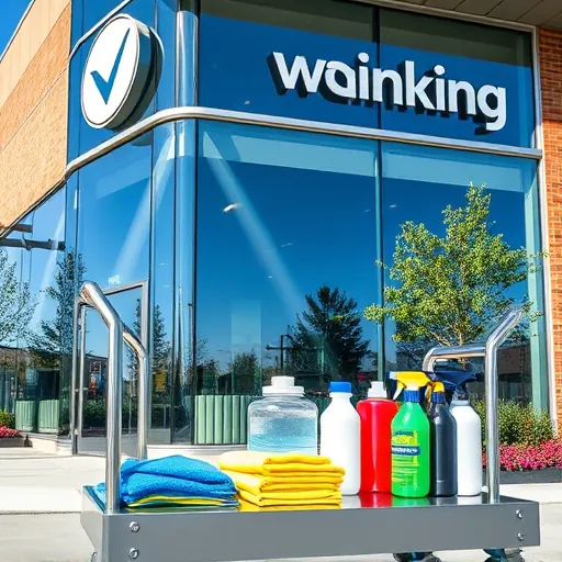 Immaculate retail storefront in Maplewood MN with clean glass windows reflecting blue sky and greenery highlighting professional window cleaning