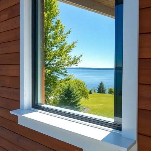 Spotlessly cleaned window reflecting blue sky and green trees on a high-end home in Powers Lake Minnesota