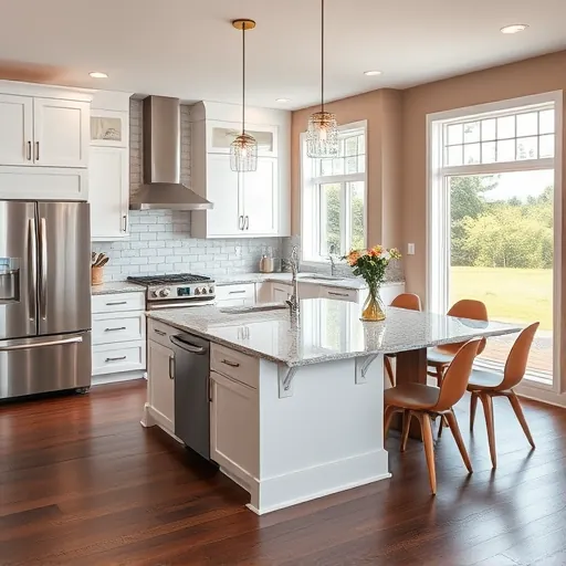 Modern kitchen remodel in Lake Elmo MN features white cabinetry, grey marble island, and stainless steel appliances.