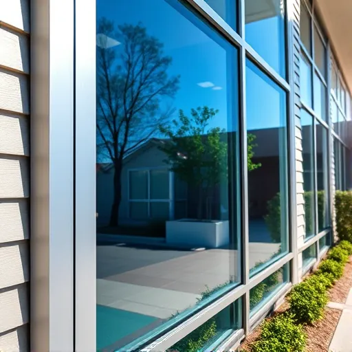 Sparkling clean modern commercial building window in South Hill Minnesota reflecting blue sky and trees with sunny backdrop