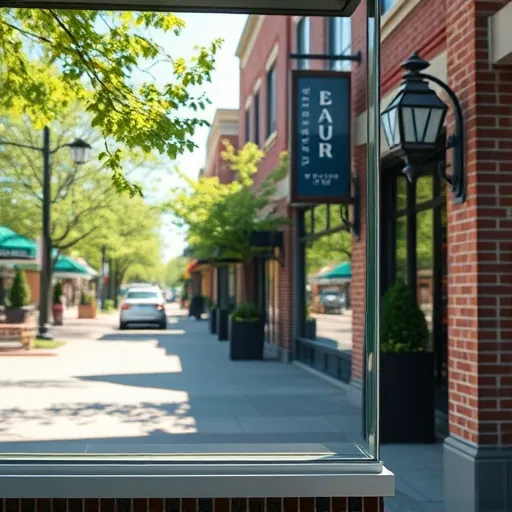 Sparkling clean storefront window in Downtown Hastings MN reflecting brick buildings, greenery, and charming street scene