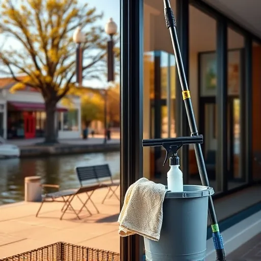 Pristine window on a commercial building in Stillwater MN reflects the scenic river and historic architecture.