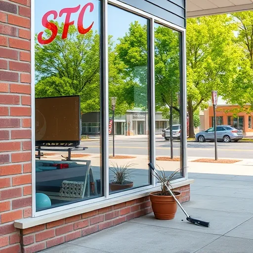 Pristine storefront with gleaming windows reflecting a lush suburban street in Woodbury Minnesota showcasing professional window cleaning.