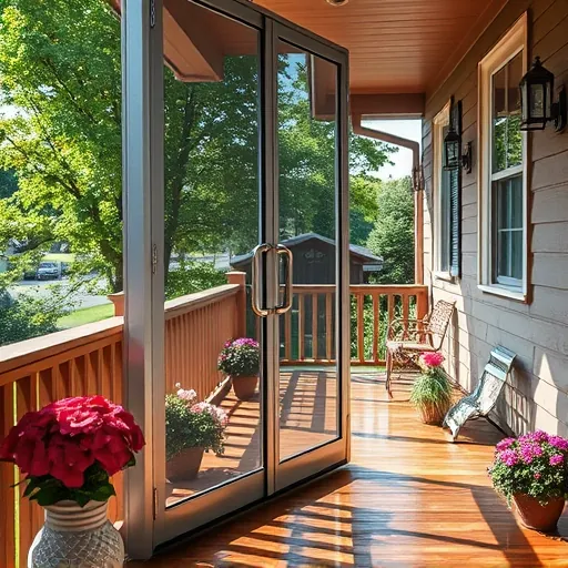 Pristine cleaned screen door on a residential porch in Stillwater Minnesota with water droplets, lush greenery, and cozy decor