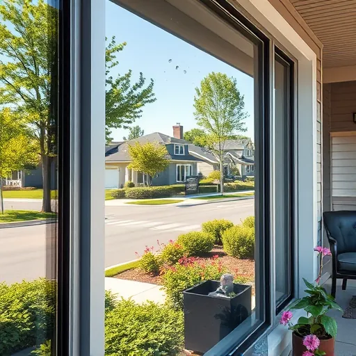 Spotless window reflecting tree-lined streets and modern homes in Cottage Grove MN after professional cleaning