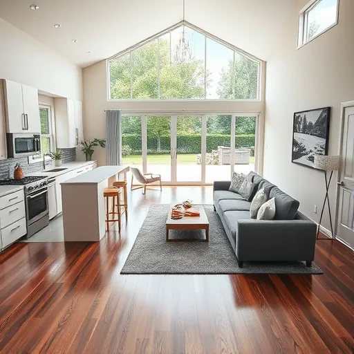 Home remodeling in Afton MN with modern kitchen, inviting living area, natural light, and landscaped garden view.