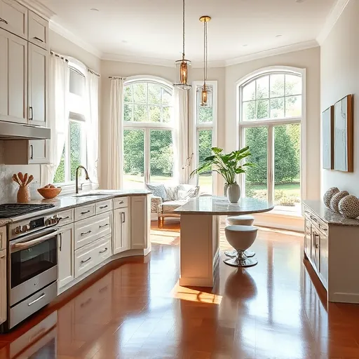 Spacious modern kitchen in Dancing Waters MN with stainless steel appliances, granite counters, and polished hardwood flooring.