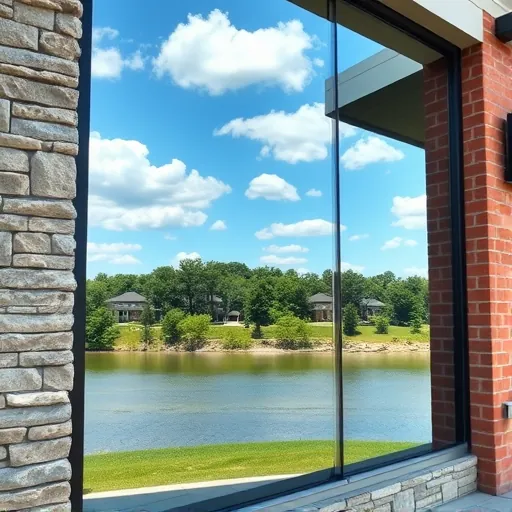 Clean gleaming window on modern Stillwater building reflecting blue sky and clouds with stone and brick façade, lush landscape