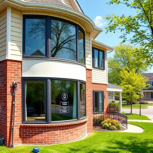 Pristine three-story home exterior in Stillwater Minnesota with streak-free windows, lush greenery, and professional cleaning tools