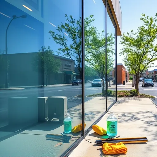Pristine commercial building with spotless glass reflections, cleaning equipment, safety gear, and suburban neighborhood scene in Maplewood MN