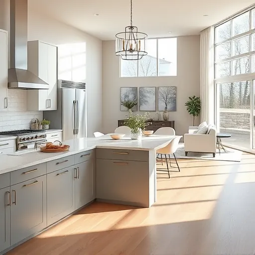Modern kitchen in Bailey's Arbor MN featuring sleek appliances, custom cabinetry, and elegant decor in soft grays and whites.
