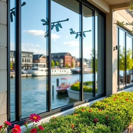 Pristine clean large floor-to-ceiling window reflecting Stillwater riverfront, historic downtown, and lush landscaped exterior