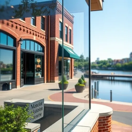Clean commercial window in Stillwater MN reflecting a charming downtown scene with brick buildings and lush greenery.