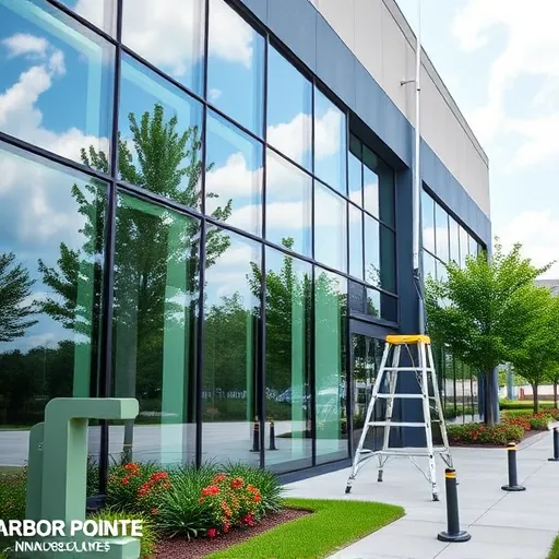 Modern commercial building in Arbor Pointe MN with spotless windows reflects trees and a bright sky, emphasizing professionalism.