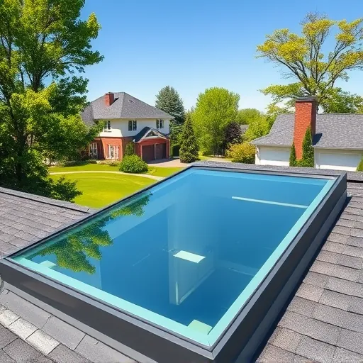 Pristine residential skylight reflecting trees and neighborhood under clear skies in a well-maintained suburban area