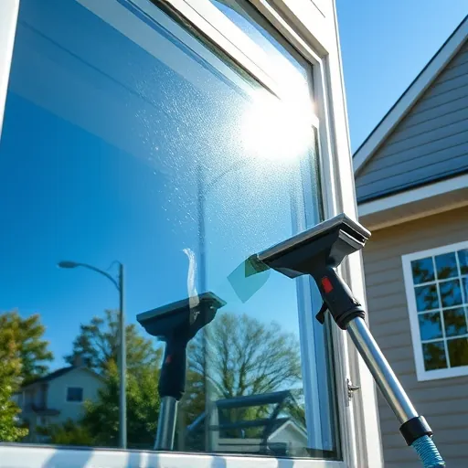Pristine sunlit window with professional cleaning tools against a reflection of blue sky and suburban trees in Eagan MN